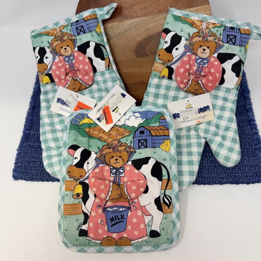 VTG 80s 90s Teddy Bears COW Kitchen Towel Dishcloth Potholder Set Deadstock NOS